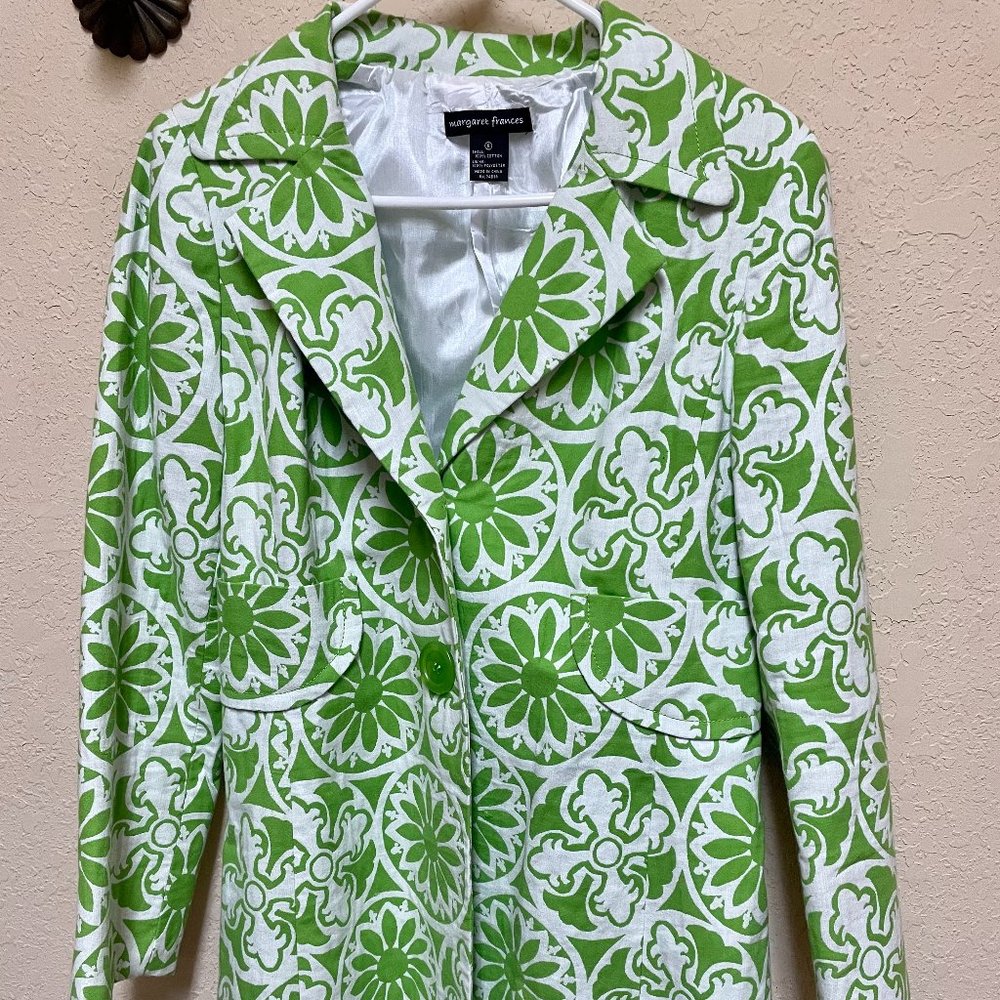 Margaret Frances Lime Green and White Boho Flowers Mid-Jacket (Sz 6)